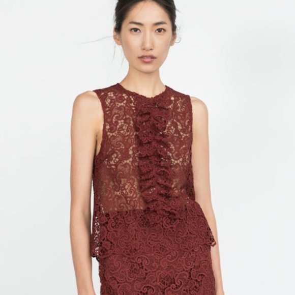 Zara Tops - ZARA  | BURGUNDY LACE RUFFLE FRONT TOP